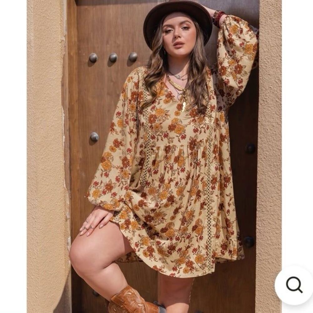 Rusttydustty Dress Plus Size 3XL Autumn Floral Print V-Neck Balloon Sleeve Mini